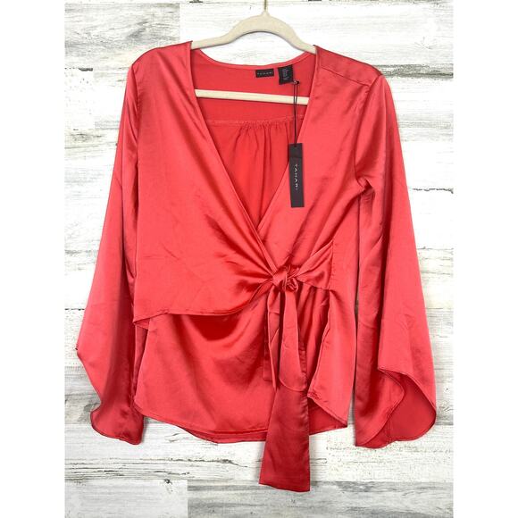Tahari Women’s M Pink Silky V-Neck Tie Knot Long Sleeve Flare Blouse Top NEW - Picture 1 of 5